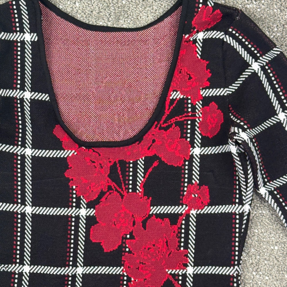 Vince Camuto Womens XS Plaid Floral Bodycon Midi Dress Black Red Stretch Knit